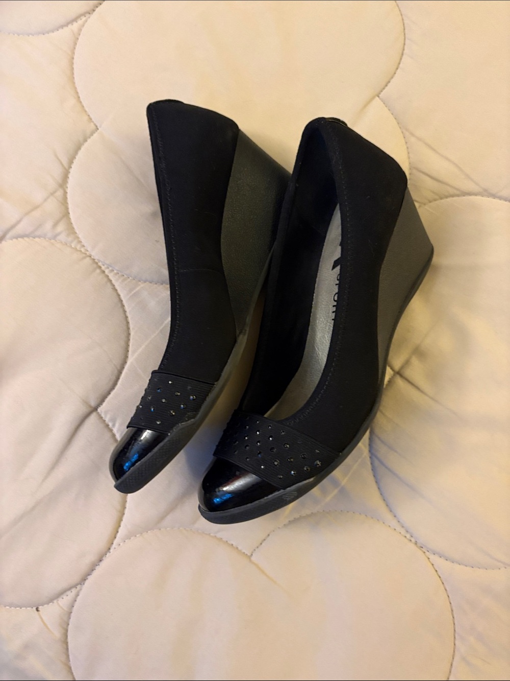 Anne Klein Black Wedge Pumps with Glossy Cap Toe